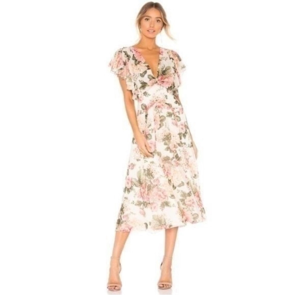 Divine Heritage x Revolve Twist Back Floral Midi Dress in Ivory Small